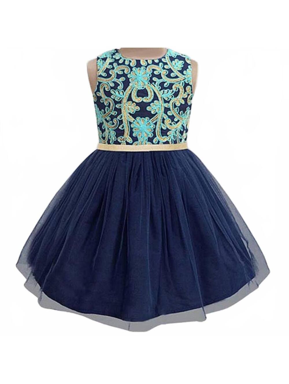 NWOT A.T.U.N. Size 6-7Y Navy Daisy Trellis Embroidered Tulle-Overlay Dress